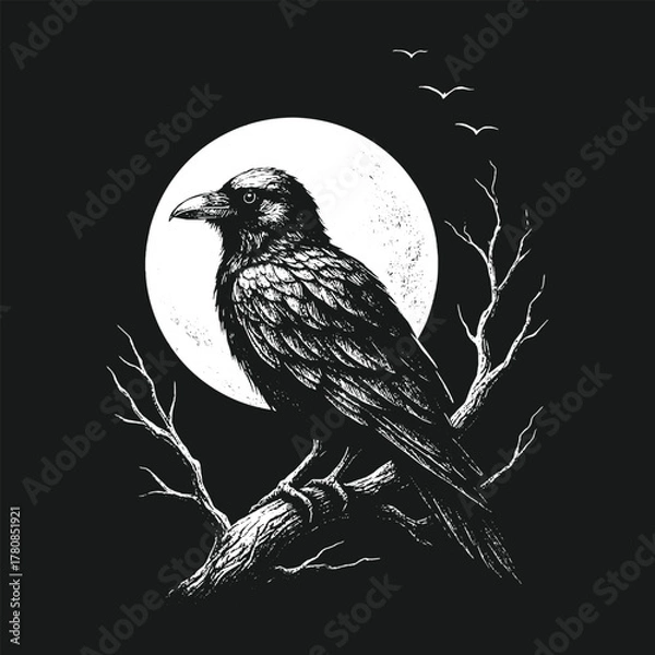 Obraz Hand-drawn raven perched on branch under moonlight, detailed black and white vector for gothic prints or tattoo designs.