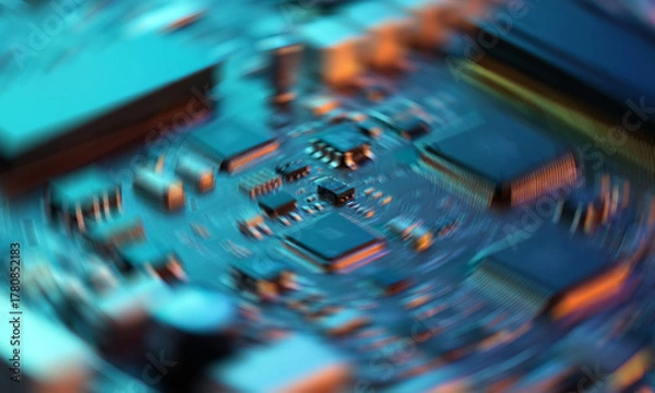 Fototapeta Futuristic Circuit Board Close-Up with Motion Blur – Abstract Technology Background Illustration