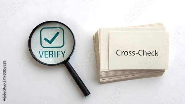Fototapeta Magnifying glass verifying paper stack with CrossCheck label