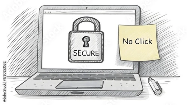 Fototapeta Laptop Sketch Featuring Secure Lock Icon and Note Reminder