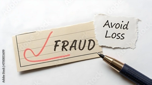 Fototapeta Torn Paper Check with Word Fraud and Pen for Avoiding Financial Loss