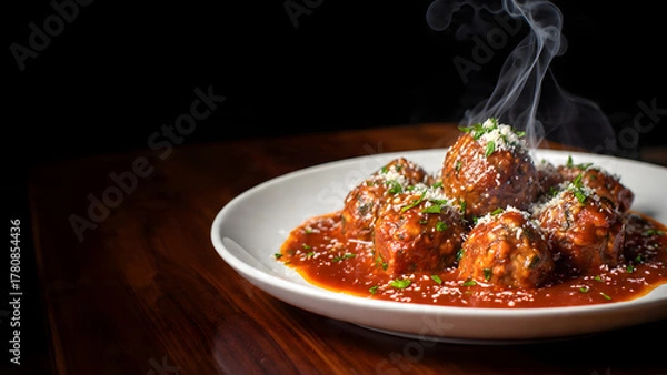 Fototapeta A hot plate of meatballs drenched in rich tomato sauce, garnished with fresh parsley and a dusting of grated cheese. The dark backdrop highlights the vivid red and green tones, enhancing the dish’s vi