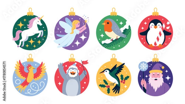 Obraz Holiday Ornament Fantasy: A collection of delightful holiday ornaments, each adorned with a whimsical character or design, promising to bring joy and festive spirit to the season. 