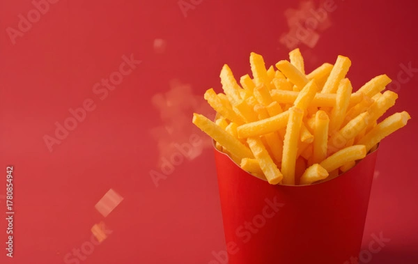 Fototapeta A portion of crispy, golden French fries served in a red cardboard container, set against a matching red background. The bold color scheme accentuates the fries’ tempting texture and inviting warmth.