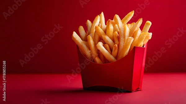 Fototapeta A serving of crispy golden French fries in a red cardboard container, placed against a matching red background. The vibrant colors emphasize the appetizing texture and warmth of the fries