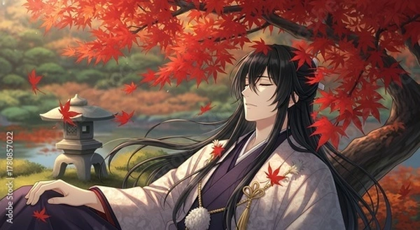 Fototapeta Anime nobleman resting beneath a maple tree, red leaves swirling like fleeting thoughts of love.
