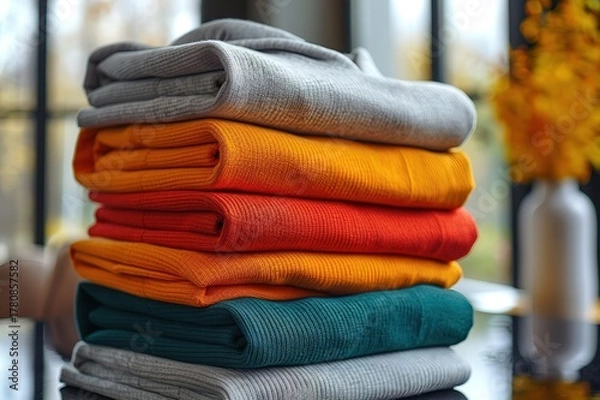 Fototapeta Stack of folded plain hoodies in different solid colors on bright clean background, minimalist e-commerce apparel photo