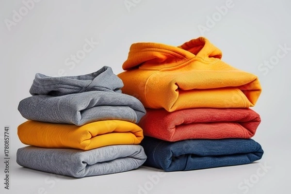 Fototapeta Stack of cozy cotton hoodies in multiple solid colors, bright clean studio background, minimalist e-commerce product photo