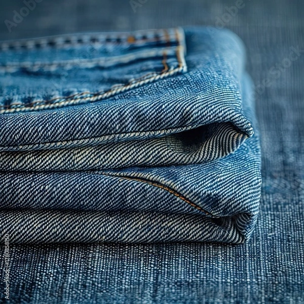 Fototapeta Classic blue jeans folded on plain background, minimalist apparel product photo with detailed fabric texture and studio lighting