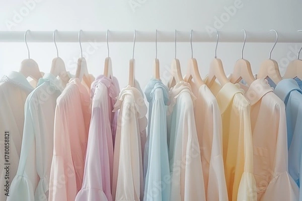 Fototapeta Collection of pastel-colored plain dresses on hangers, minimalist e-commerce clothing photo with soft daylight and white background