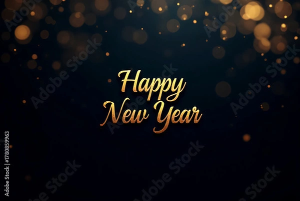 Obraz Elegant Happy New Year greeting with golden bokeh lights on dark background