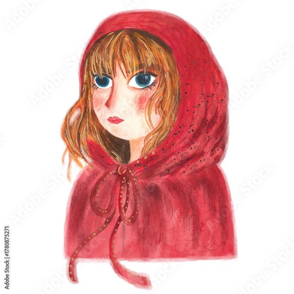Fototapeta Watercolor illustration of Little Red Riding Hood. A fantasy character portrait for a children's book or story. Hand-drawn style for depicting the fairy tale.