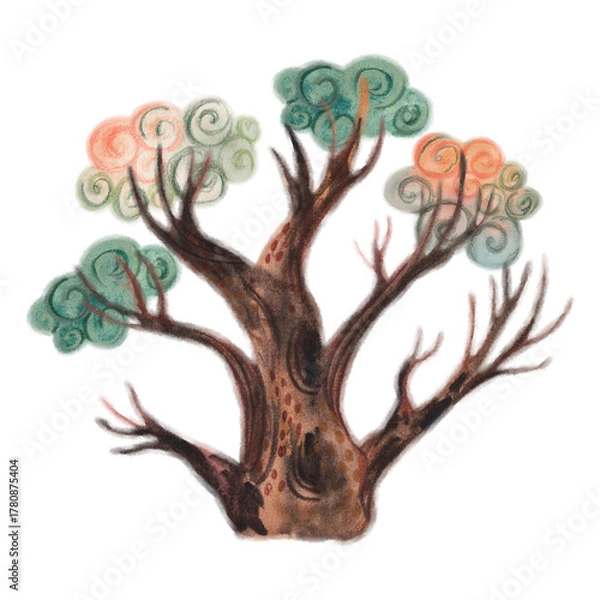 Obraz Abstract watercolor tree with colorful spiral leaves. Artistic plant illustration for nature, organic and growth concept.