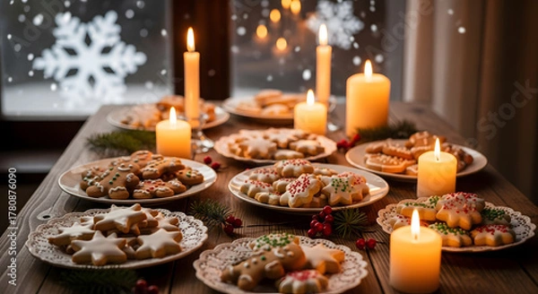 Fototapeta Christmas cookies displayed on plates with candles and snowflakes  