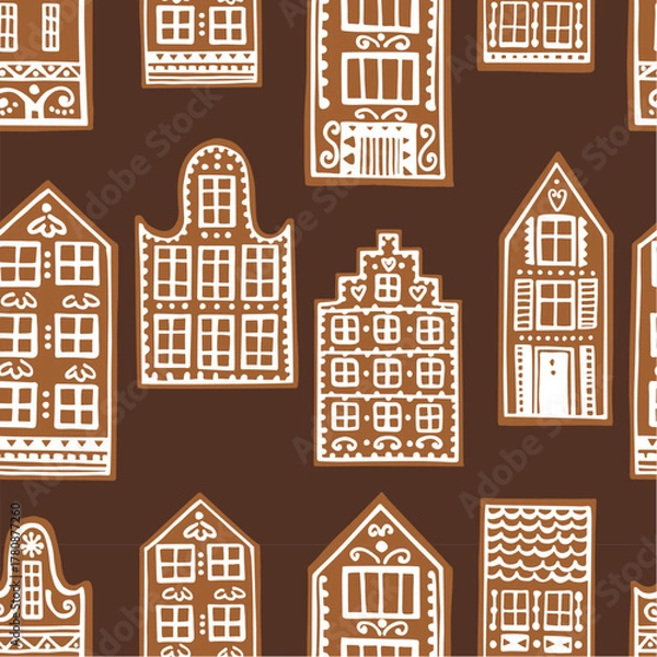 Obraz Hand-drawn gingerbread houses. Vector  seamless pattern.