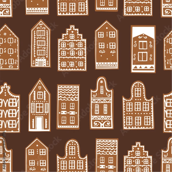 Obraz Hand-drawn gingerbread houses. Vector  seamless pattern.