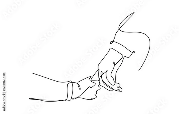 Fototapeta One continuous line drawing of baby kid hand holding mom dad parents hands. Vector illustration on transparent background