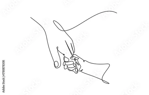 Fototapeta One continuous line drawing of baby kid hand holding mom dad parents hands. Vector illustration on transparent background