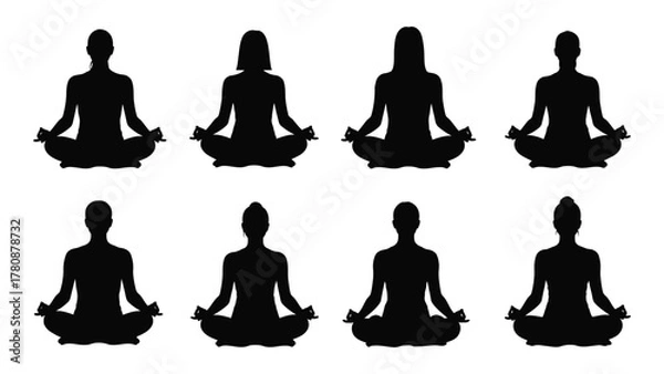 Fototapeta Yoga and meditation pose silhouettes isolated on transparent background, Vector