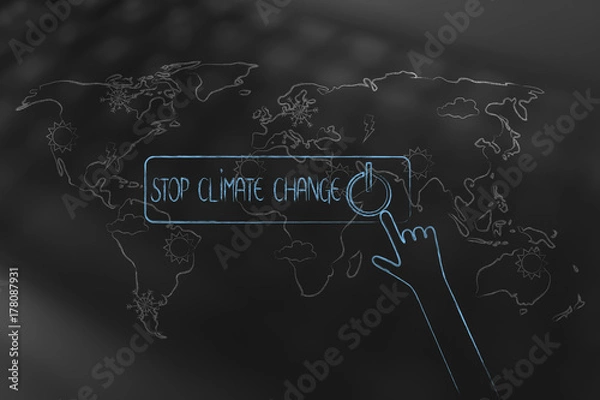 Obraz stop climate change OFF button with hand about to push over world map overaly