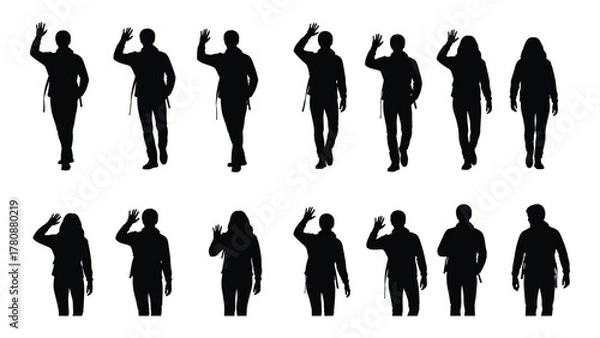 Fototapeta Collection of waving and walking people silhouettes isolated on transparent background, Vector