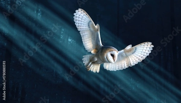 Fototapeta Elegant white owl soars through dark forest shafts of light