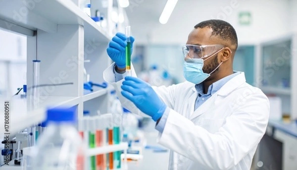 Fototapeta Scientist in lab coat examines a test tube with green liquid carefully.