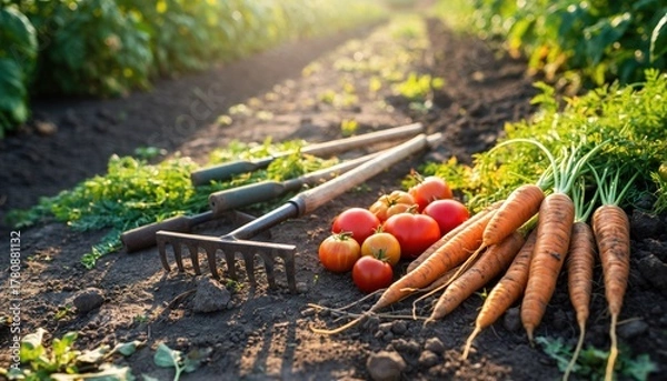 Fototapeta Freshly harvested root vegetables and ripe produce lie beside gardening tools on dark soil under bright sunlight.