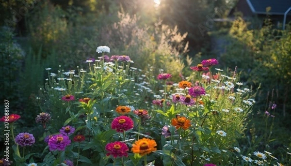 Fototapeta Vibrant, multicolored blooms flourish under bright evening sunlight in a lush garden setting