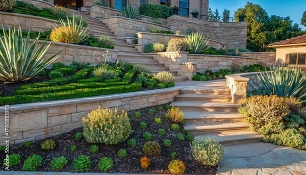 Fototapeta Expansive tiered landscaping features stone retaining walls and diverse xeriscaping plants