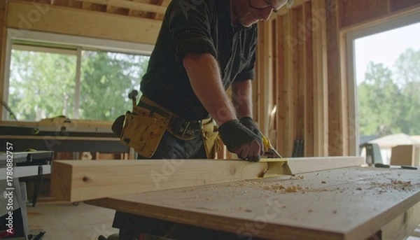 Fototapeta Carpenter carefully cuts wood with a saw inside a building under construction.