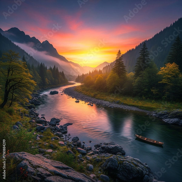 Fototapeta A serene river winds through a lush mountain valley during a vibrant, colorful sunset with a small boat floating on the water.