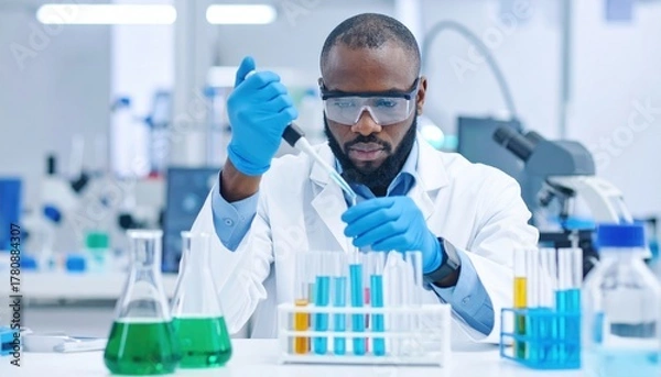 Fototapeta Scientist in a lab coat conducts research with test tubes and a pipette.