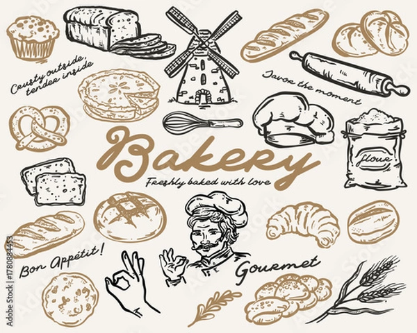 Fototapeta Bakery whimsical hand-drawn vector illustration  set