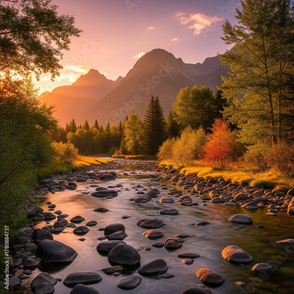 Fototapeta A serene mountain landscape at sunset with a river flowing through a forest.