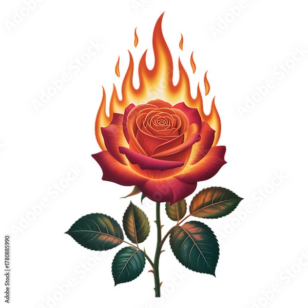 Fototapeta Fiery glowing flower with burning petals and vibrant light, transformation,blooming fire rose,red rose flower on fire,rose flowers burning with fire flames, smoke,fire flames on transparent background