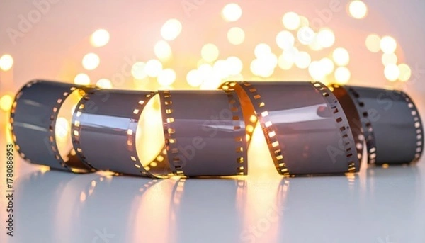 Fototapeta A coiled strip of photographic film illuminated by warm bokeh lights in the .