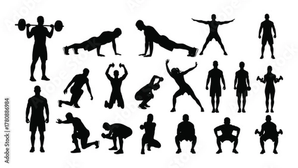 Fototapeta Workout and fitness exercise silhouettes isolated on transparent background, Vector