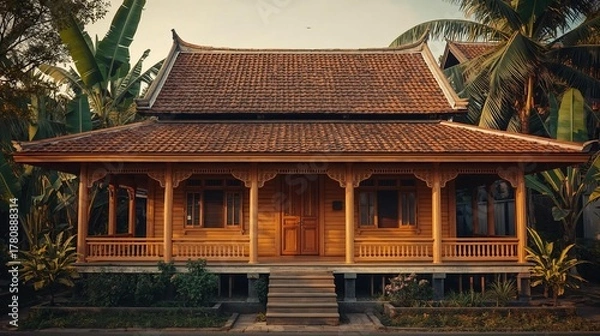 Fototapeta A beautifully crafted traditional Indonesian wooden house on stilts, showcasing classic Javanese or Betawi architecture in a lush tropical setting
