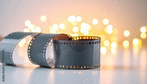 Fototapeta Close-up of an unrolled reel of photographic film with glowing lights behind.