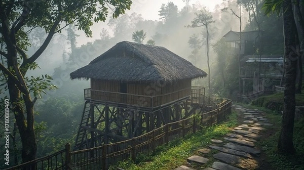 Obraz Serene Bamboo Hut Nestled Amidst Lush Greenery and Misty Fog