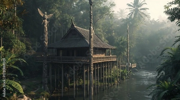 Fototapeta Detailed Riverfront Dayak Longhouse Intricate Architecture and Cultural Richness