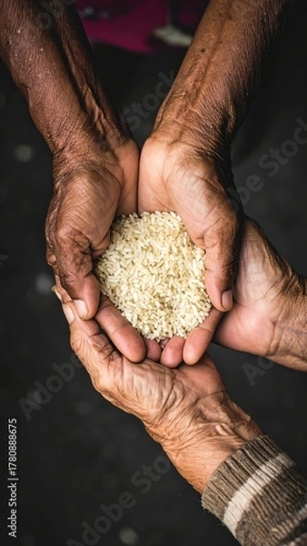Fototapeta Elderly hands cupped together holding a small amount of uncooked white rice.