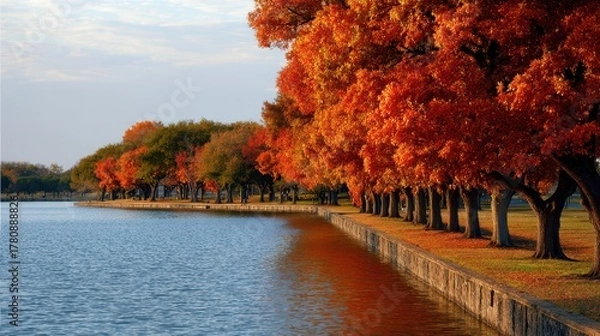 Fototapeta White Rock Lake Dallas Water Feature: Tranquil River Landscape with Autumn Trees