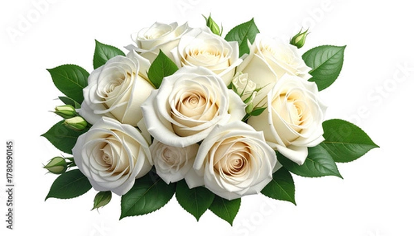 Fototapeta A realistic PNG of a bouquet of white roses, neatly arranged with soft petals and fresh greenery.