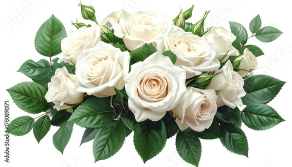 Fototapeta A realistic PNG of a bouquet of white roses, neatly arranged with soft petals and fresh greenery.