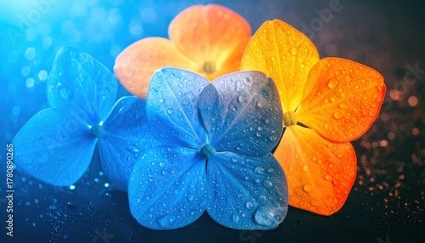 Fototapeta Vibrant blue and orange hydrangea flowers with water droplets on a dark .
