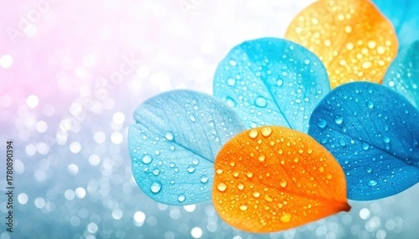 Fototapeta Vibrant blue and orange leaves with sparkling water droplets on a soft bokeh .