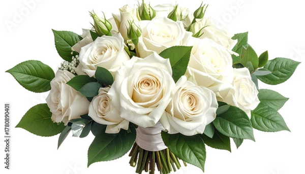 Fototapeta A realistic PNG of a bouquet of white roses, neatly arranged with soft petals and fresh greenery.