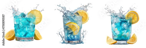 Obraz Set of A vibrant blue beverage in a clear glass with ice cubes and a fresh lemon slice garnish on transparent png background. Ai generated